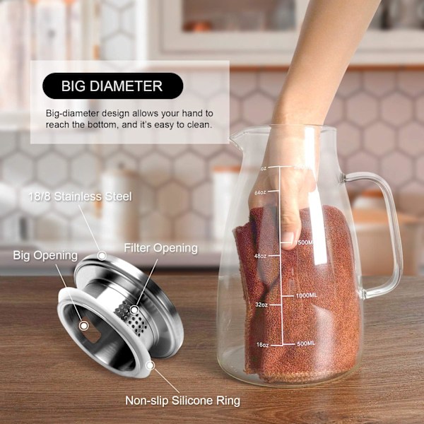 Vandkande, 2 L glaskande med låg og præcis skala, is-kande i rustfrit stål, let at rengøre varmebestandig borosilikat mælkekande til juice Transparent Transparent 68oz