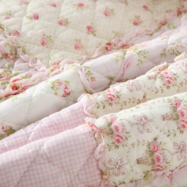 Patchwork sengetæppe til enkeltseng, patchworktæppe i bomuld, lyserødt til piger, quiltet sofaplaid, sengeplaid, 150 x 200 cm med blomstermønster