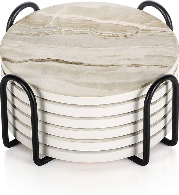 Sett med 6 brikker med metallstativ - funksjonelt og elegant - marmorlook - keramikk