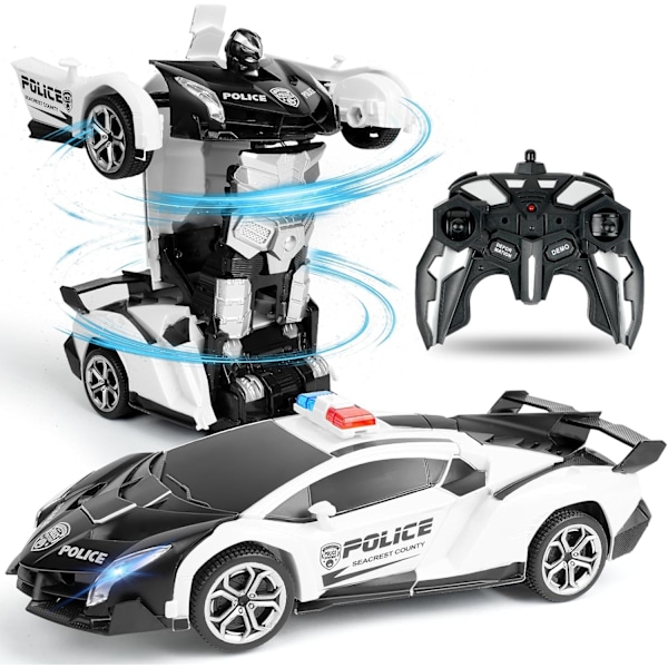 Fjärrstyrd Bil, 1:18 Transformerande Leksak, 2-i-1 Transformerande Robotleksak med 2,4 GHz Fjärrkontroll, Polisbil, Leksak Vit
