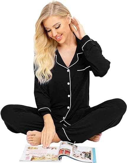 Långärmad pyjamas för dam, knäppning fram, bomulls nattkläder, svart Black L