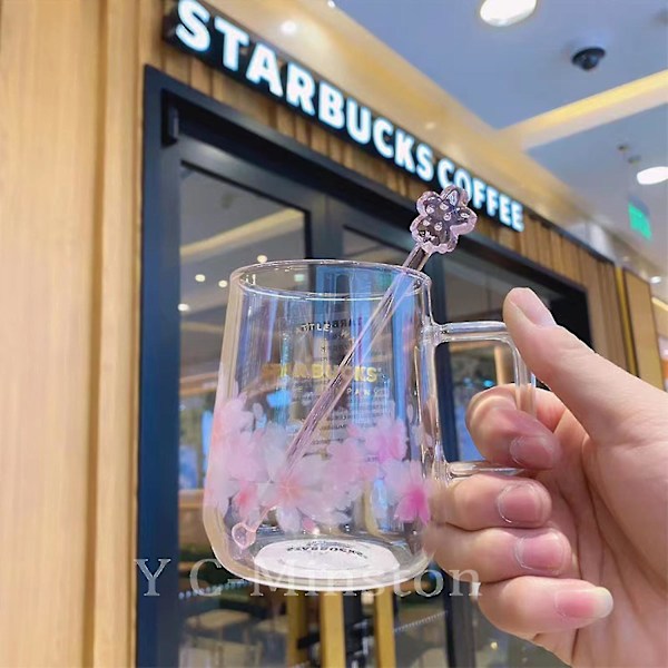 Starbucks Rosa Sakura Fargeskiftende Kaffekopp i Glass med Blomsterpinne