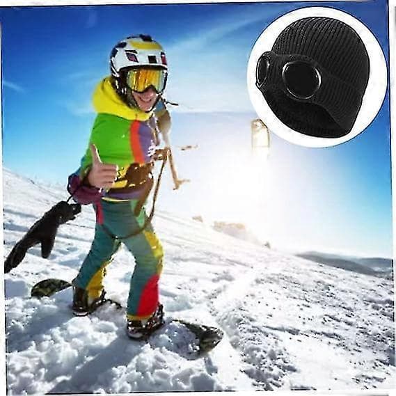 Stickad mössa, Unisex Goggle Mössa Stickad Vinter Tjock Mössa, Svart