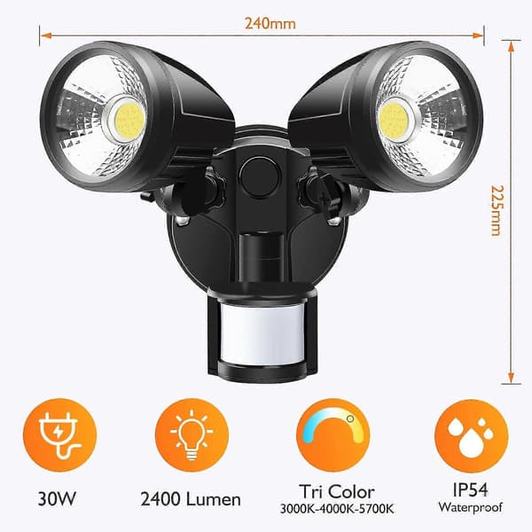 Premium Aluminium LED Udendørs Sikkerheds-projektør Dobbelt Spotlight IP54 Sort Garagebelysning