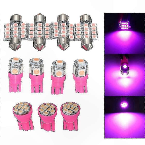 11-delt lilla LED interiørlyssæt til bilkuppel, nummerplade, T10 & 31mm pærer
