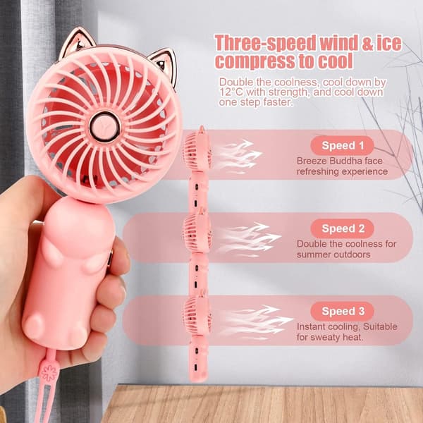 Mini Sammenklappelig Håndholdt Ventilator - 3 Hastigheder USB Genopladelig Ventilator - Til Kontor, Rejser og Makeup - Pink