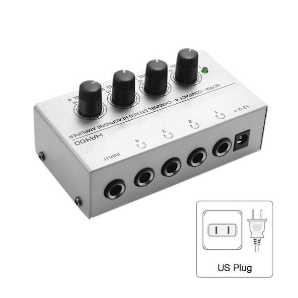 HA400 Stereo Ljudmixer Hörlursförstärkare 4 Kanaler RCA Ingångar Separata Volymkontroller med Strömadapter US/EU US
