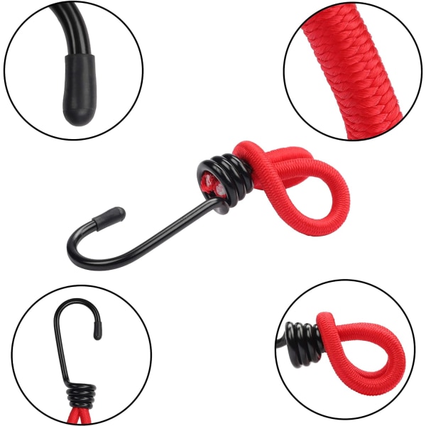 Röda elastiska gummirep med metallkrokar (20-pack) - 15 cm - Hållbara surrningsöglor för presenningar, camping och tält