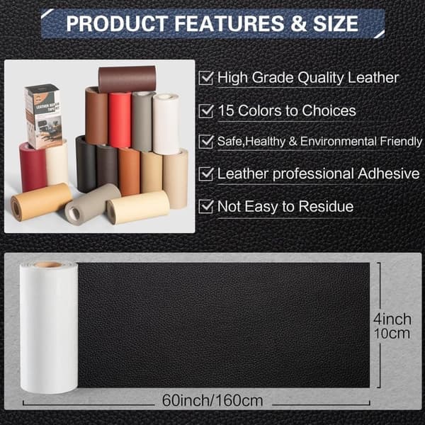 10 x 160/40 x 200 cm Leather Repair Patch, Self-Adhesive Leather Repair Patch, Suitable for Car Seats and Sofas, Light Grey. Light Grey black