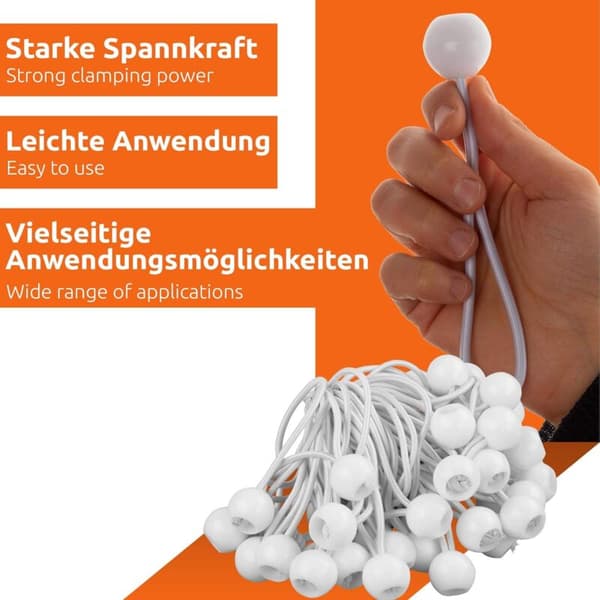 50x elastik med kugle, elastiksæt, elastikkroge med plastikkugle, teltelastik til presenninger, pavilloner, telte, høj spænding hvid
