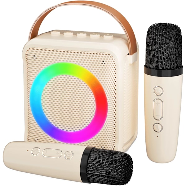 Karaokeleker for barn og voksne med 2 mikrofoner, bærbar karaoke-maskin med LED-lys og stemmeeffekter, (Beige) Beige Beige 2 Mic