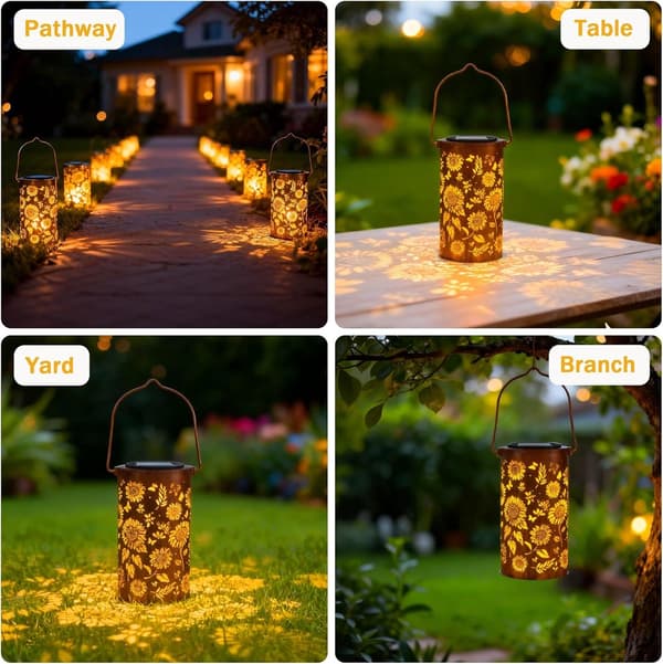 Solcellehavelys - solcellehavebelysning - smedejerns solsikkelanterner - solcelleudendørsbelysning - dekorativ campingbelysning - 20*12 cm
