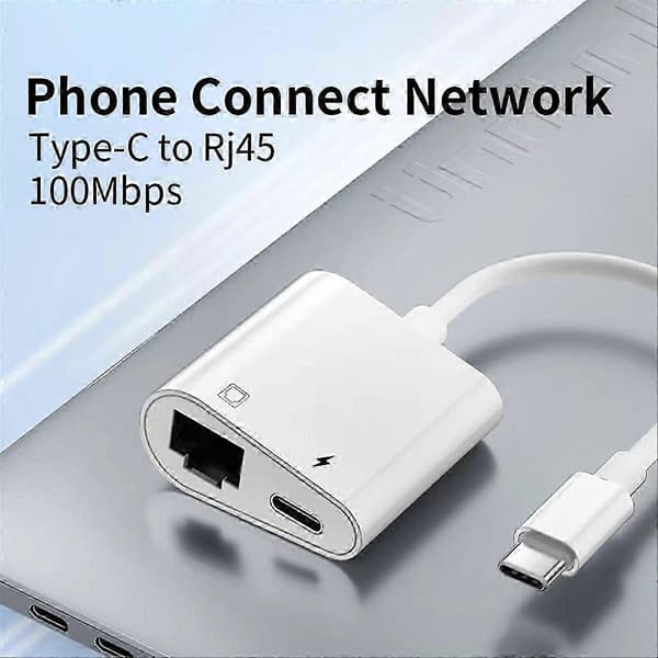 USB C til Ethernet-adapter 100 Mbps LAN-netværkshub med Type C-opladningsport til TV-boks PC Bærbar telefon White