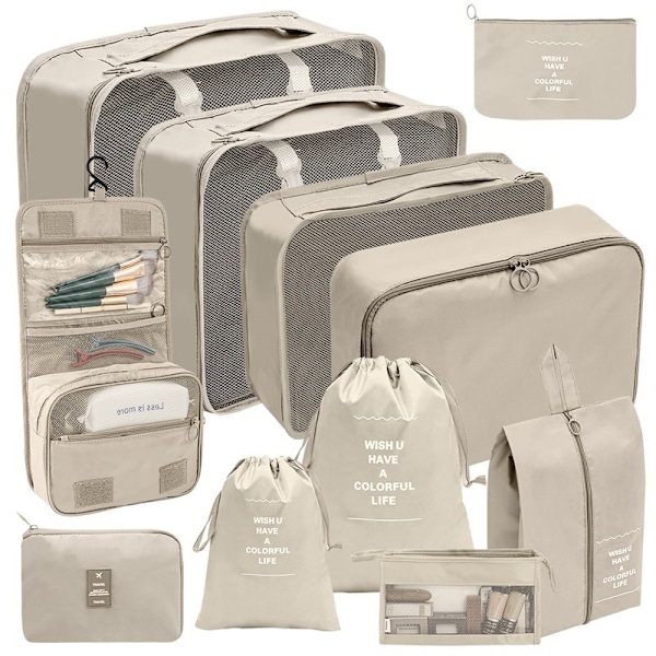 (Beige) Resväska Kuber 11 Delar Set, Resväska Kläder Väska Sko Väska Kosmetisk Väska Researrangör Resa Beige