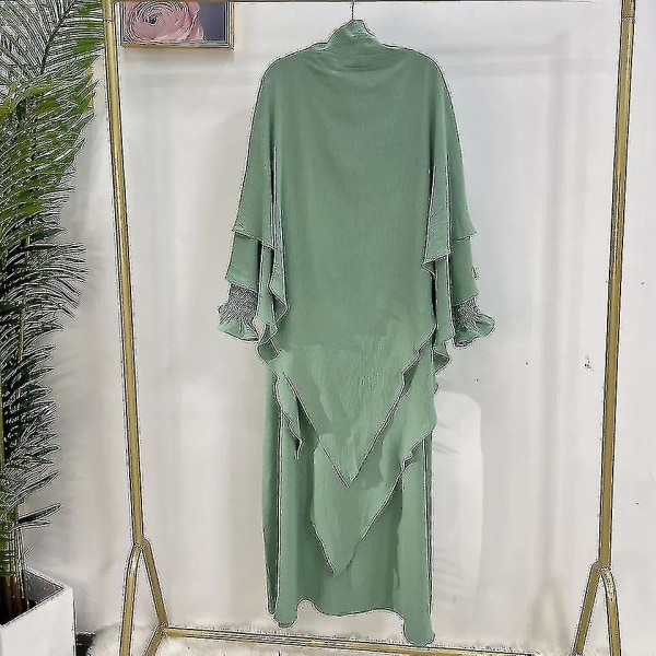 Ramadan Eid Muslim Women Jilbab 2 Piece Abaya With Hijab Long Khimar Niqab Set Full Prayer Dress Islam Outfit Djellaba Burqa Green Set ML