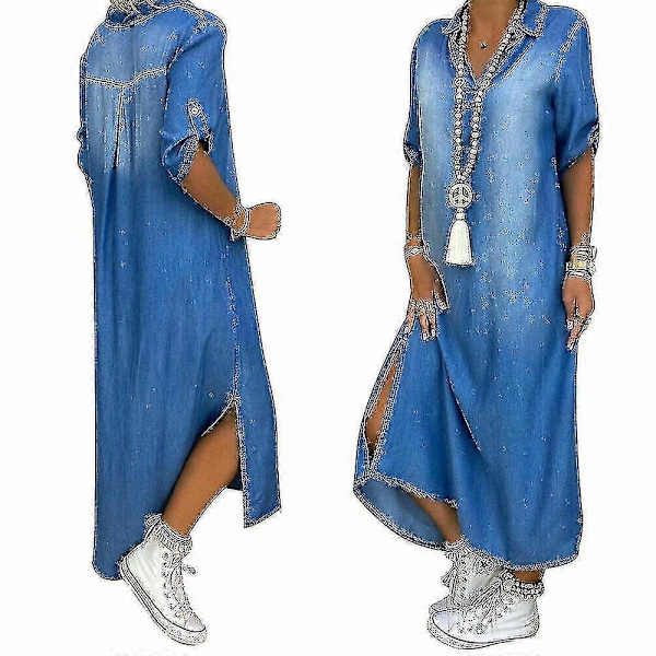 Dam Casual Denim Lång Maxiklänning Dam Sommar Lös Jeans-1 M