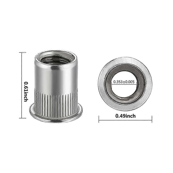 Mutter 100 stk 1/4In-20UNC Rustfritt stål 304 Finish Flat Head Rivnut Gjenget Innsettingsmutter Riflet Kropp Silver