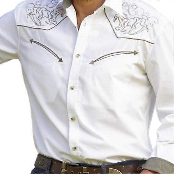 Miesten paita Vintage Western Cowboy -kuvioinen yksirivinen Slim Fit pitkähihainen alaslaskettava kaulus napit LGL sininen blue L