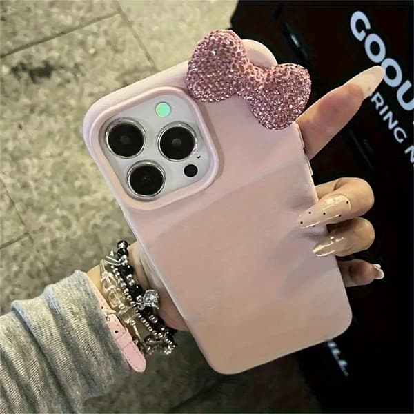 Pink Rhinestone Sløjfe Lychee Mønster Telefoncover, Flere iPhones language IPhone 14 Pro Max