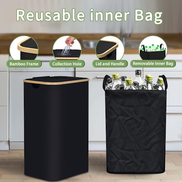 Återvinningskärl, 100L återvinningskärl för kök inomhus, 26 gallon stor kapacitet flaskåtervinningskärl med avtagbar bärväska, Beige With One Inner Pocket
