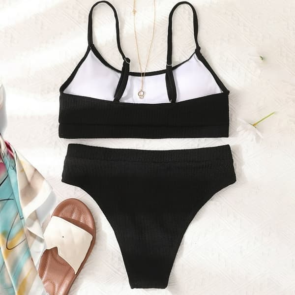 Women's High Waisted Ribbed Bikini Top & Bottom, Black, Size M Black XL