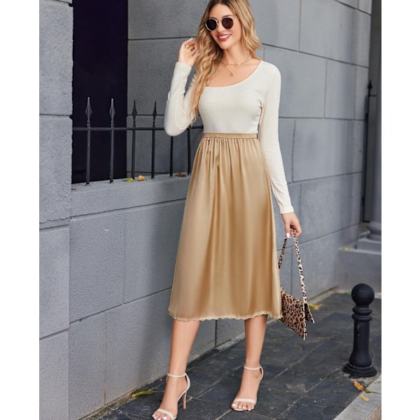 Satin Underkjole med Blonde til Kvinder, Lang Underkjole champagne Champagne Champagne Champagne XXL