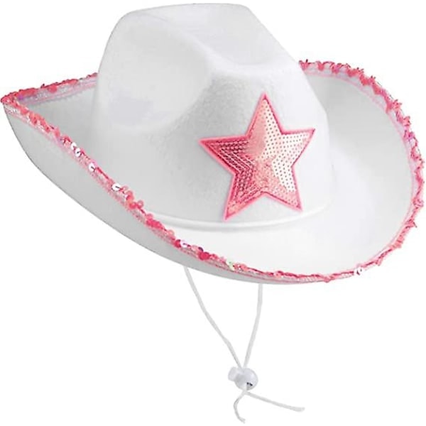 Hvide Cowgirl Hatte - (1-pak) Pink Stjerne Cowgirl Hat med Paljettrim og Frynser