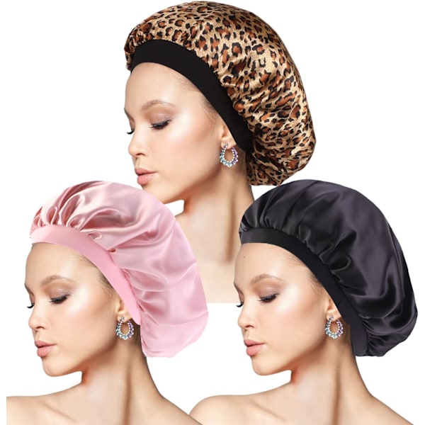 3-pak Nattesøvn Hår, Satin Bonnetter, (sort, pink, leopard) N