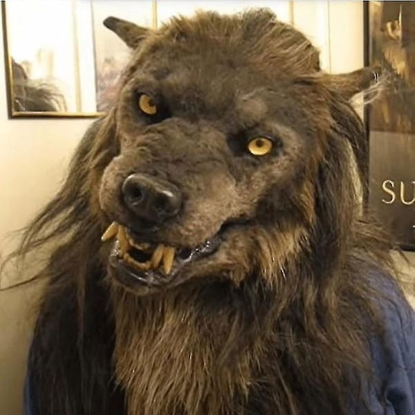 Werewolf-naamio loistavilla silmillä, liikkuvilla korvilla ja leuoilla Halloween-cosplay-juhliin, musta SQBB