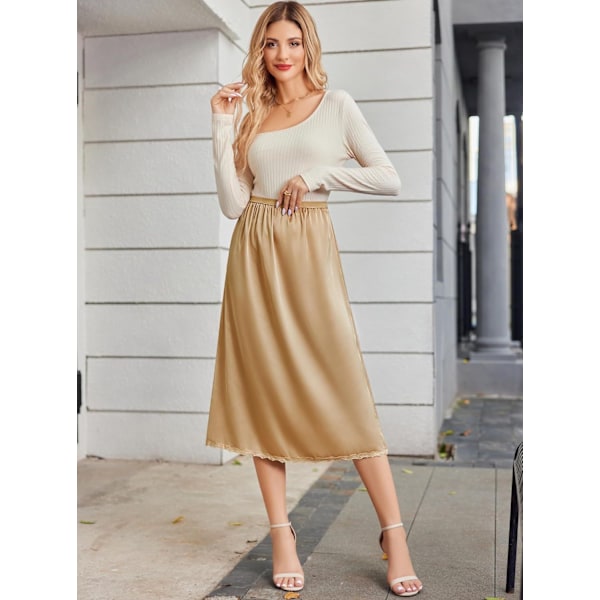 Satin Underkjol med Spets för Kvinnor, Lång Underkjol champagne Champagne Champagne Champagne XL