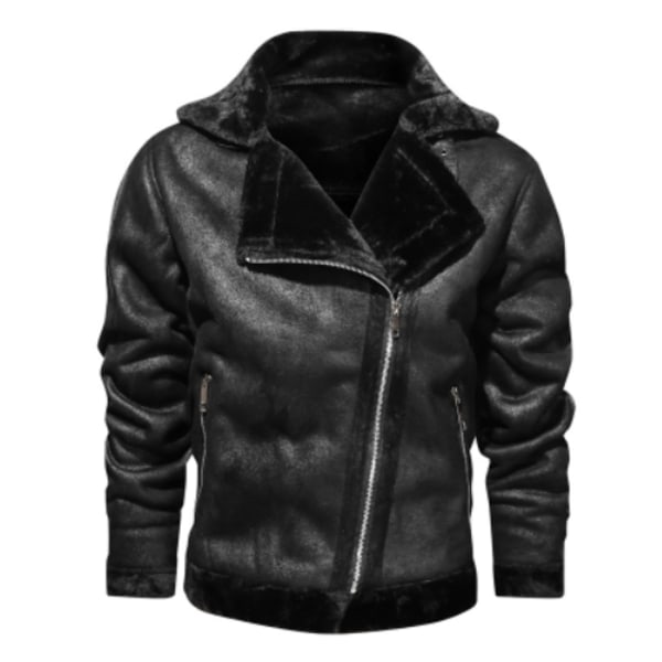 Herrar Vinter Retro PU Läderjacka Casual Man Tjock Päls Termisk Läderjackor Herrar Pälskrage Motorcykel Läder Nedre Jackor Svart Black 4XL