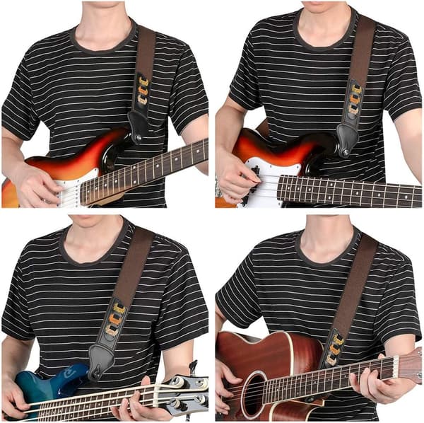 Gitarrband, 100% mjukt bomullsband med 3 plektrumklämmor, kompatibelt med bas, elgitarr och akustisk gitarr (brun) Brown