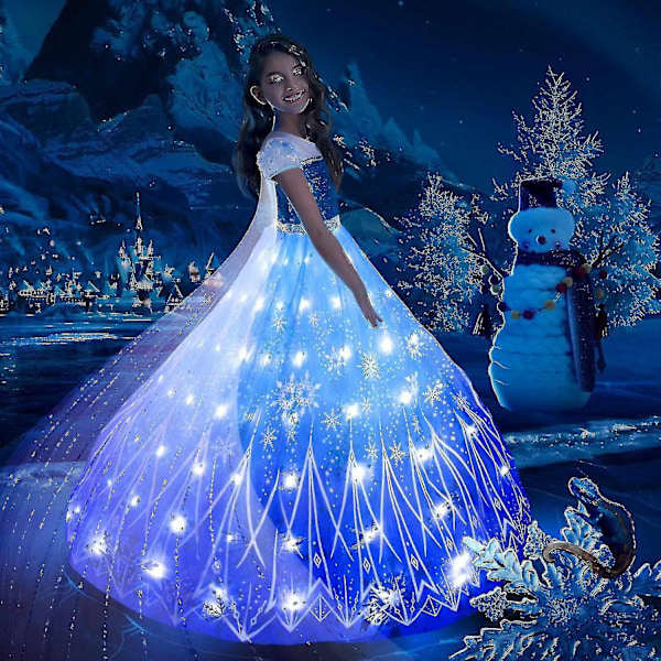 Anna Elsa LED Glowing Dress Girls Christmas Role Play Party Dress Snow Queen Carnival Ball Gown - WELLNGS Set A