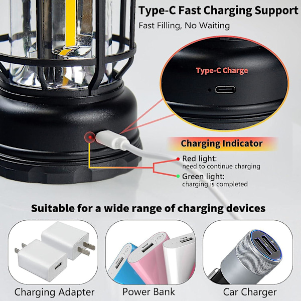 Uppladdningsbar campinglykta, retro campinglampa för inomhus och utomhus, 1200 mAh batteridriven LED-tältlampa med plock, bärbar vattentät cam