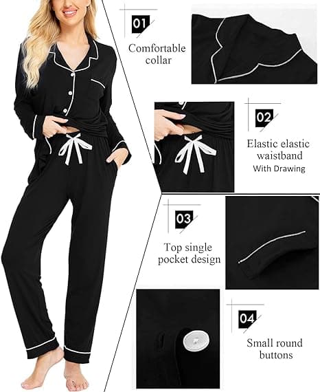 Långärmad pyjamas för dam, knäppning fram, bomulls nattkläder, svart Black M
