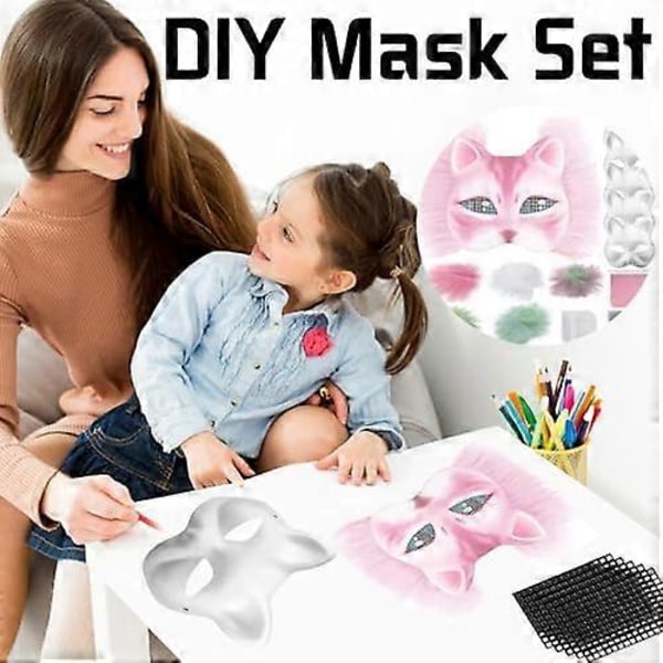 Kattemaske med pels og nettingøye, blanke papirmasker for DIY, hvite malepapirmasker, kattemaske for DIY Halloween Mardi Gras-fest Rose-29pcs