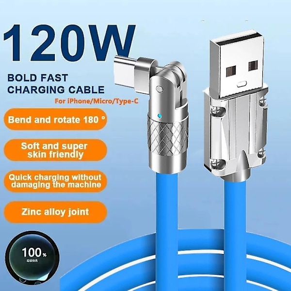 120W 6A Nopea USB Type C -datakaapeli 180° kääntyvä kulmadatakaapeli matkapuhelimen laturi, yhteensopiva Xiaomi Redmi Honor USB C -datakaapelin kanssa blue Android Type C port