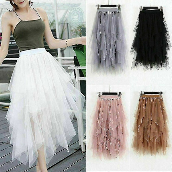 Dam Tyllkjol Elastisk Midja Mesh Lång Kjol Klänning Beige