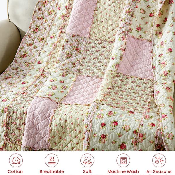 Patchwork sengetæppe til enkeltseng, patchworktæppe i bomuld, lyserødt til piger, quiltet sofaplaid, sengeplaid, 150 x 200 cm med blomstermønster