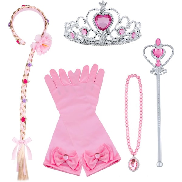 Prinsesse Elsa Kostymetilbehørssett for Barn, Inkluderer Flette, Tiara, Hansker og Tryllestav 9pcs - pink (braids)