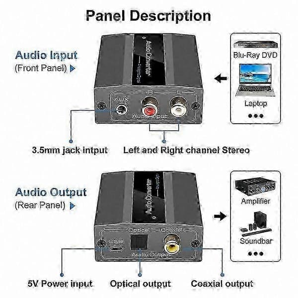 Digital lydkonverterer med RCA til optisk kabel, støtter Toslink og koaksial utgang Black grey
