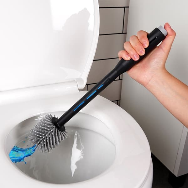 Silikone toiletbørste med stativ og væskedispenser sort 40 cm CJY 826