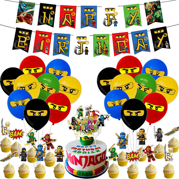 Decorations for children's party, balloons, banner, cake decorations Blue Yellow Green Black Red