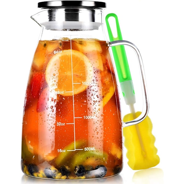 Vandkande, 2 L glaskande med låg og præcis skala, is-kande i rustfrit stål, let at rengøre varmebestandig borosilikat mælkekande til juice Transparent Transparent 68oz