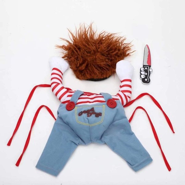 Dødsdukkekostyme for hunder, skummelt Halloween-cosplay, Chucky-dukkekostyme for hunder, med hatt, morsomt party- og juleantrekk, passer for store og små hunder (M)