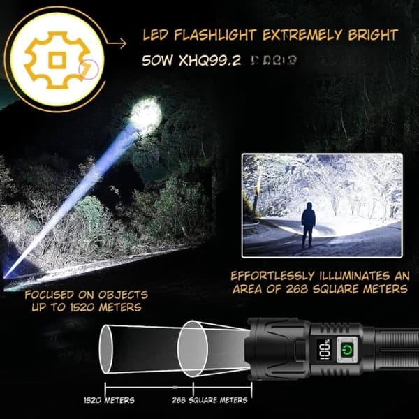 LED Flashlight A09 set - 6000 Lumen, 50W, Rechargeable & Tactical & COB survival Svart black