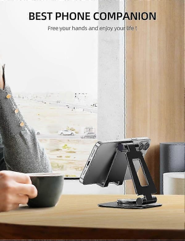 Justerbar telefonholder i aluminium til skrivebord, roterende og foldbar multi-vinkelholder til fotografering og videostreaming (sort/sølv)