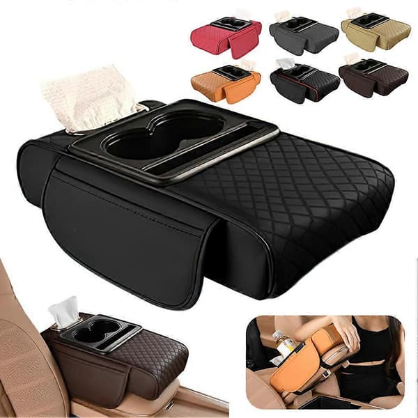 Car Armrest Cushion with 2 Cup Holders, PU Leather Armrest Pad, Portable Car Armrest Cushion, Height Cushion