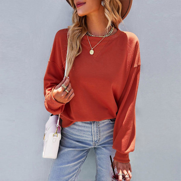 Dame Top Drop Shoulder Langærmet Høj Stretch Crewneck Pullover Skjorte til Efterår Vinter