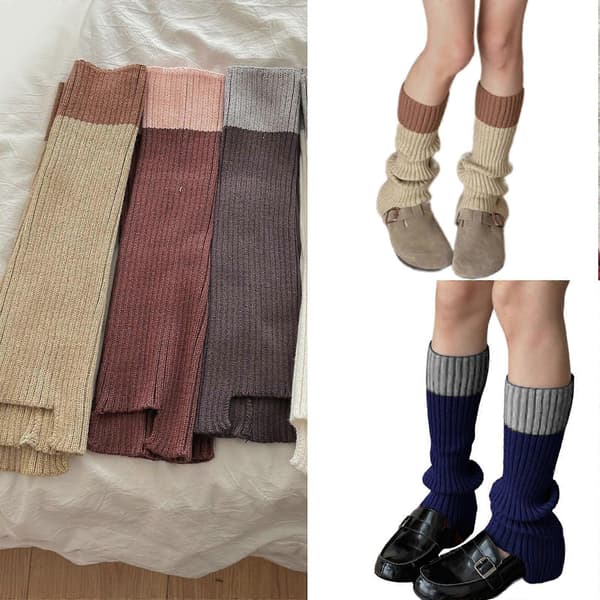 Æstetiske farveblok patchwork benvarmere strømper elastiske ribstrikkede benvarmere sokker til efterårs- og vinterbrug marineblå og rød Powder and coffee